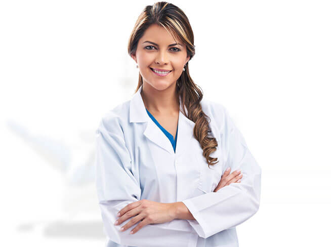 female figure posing as dentist / medical professional wearing a white coat